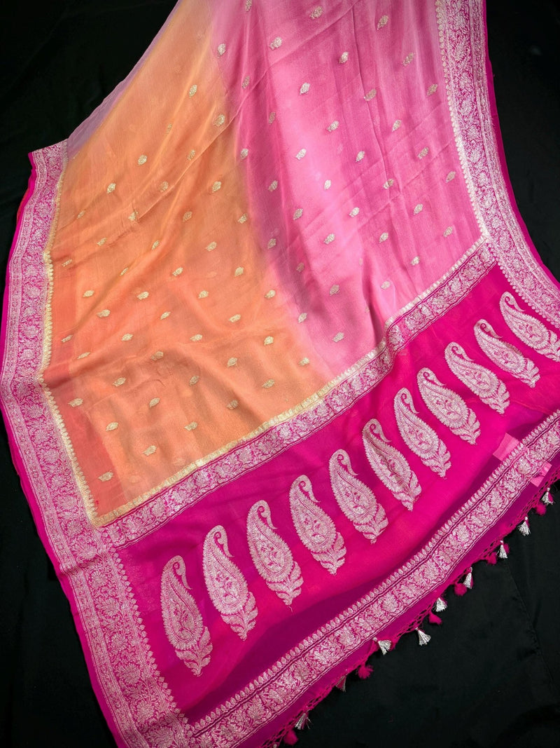 Ombre Baby Pink and Peach with Hot Pink Border pure banarasi chiffon silk saree with silver zari with hot pink border — Kaash Collection