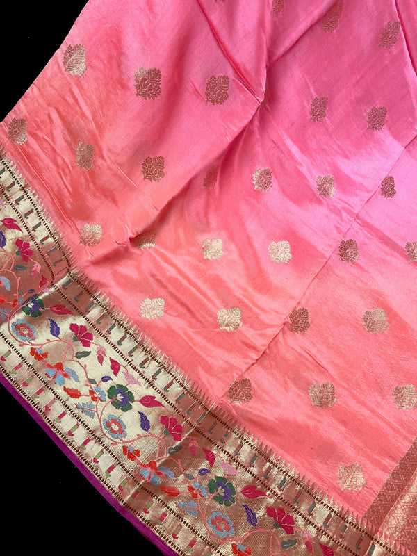 Ombre Pure Banarasi Dupion Silk Saree with Paithani Muniya Borders - Handwoven Saree - SILK MARK CERTIFIED - Kaash