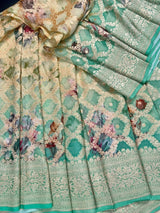 Ombre Sea Green pure khaddi georgette silk saree with ombre, muted gold zari & digital floral prints — Kaash Collection