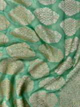 Ombre Sea Green pure khaddi georgette silk saree with ombre, muted gold zari & digital floral prints — Kaash Collection
