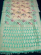 Ombre Sea Green pure khaddi georgette silk saree with ombre, muted gold zari & digital floral prints — Kaash Collection