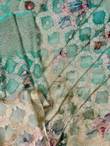 Ombre Sea Green pure khaddi georgette silk saree with ombre, muted gold zari & digital floral prints — Kaash Collection