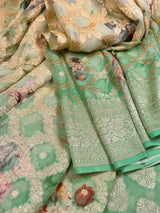 Ombre Sea Green pure khaddi georgette silk saree with ombre, muted gold zari & digital floral prints — Kaash Collection
