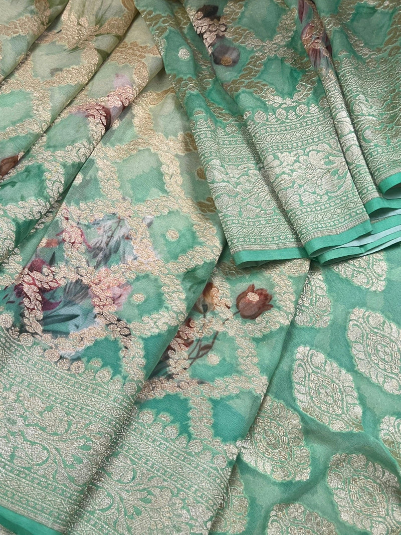 Ombre Sea Green pure khaddi georgette silk saree with ombre, muted gold zari & digital floral prints — Kaash Collection