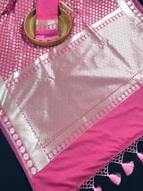 Onion Pink Traditional Banarasi Silk Handloom Saree in Sliver Zari Weave - Kaash