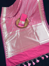 Onion Pink Traditional Banarasi Silk Handloom Saree in Sliver Zari Weave - Kaash