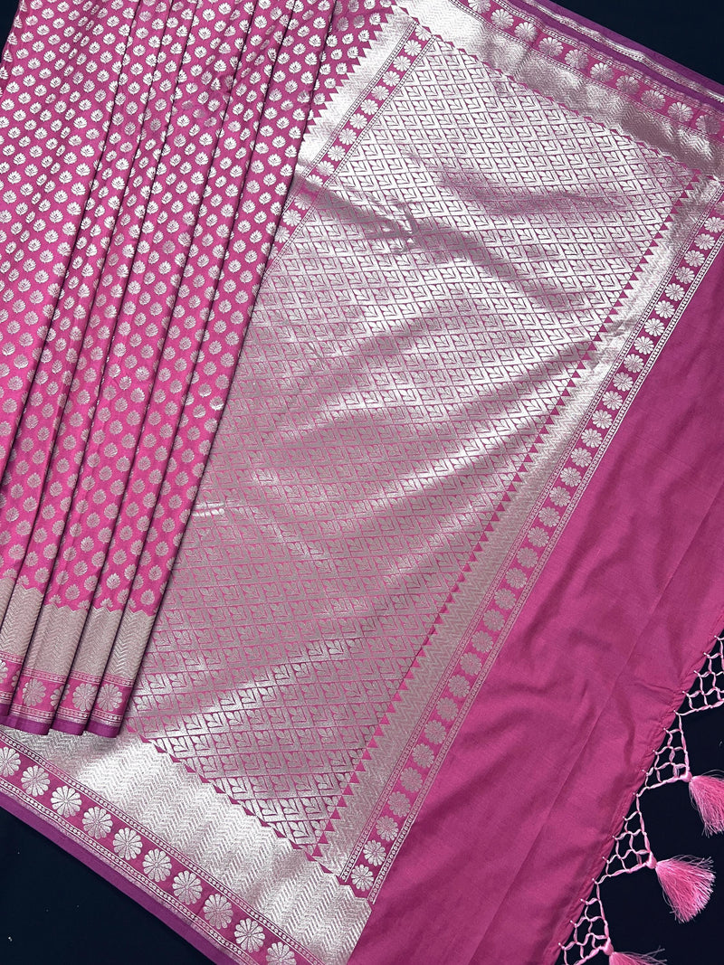 Onion Pink Traditional Banarasi Silk Handloom Saree in Sliver Zari Weave - Kaash
