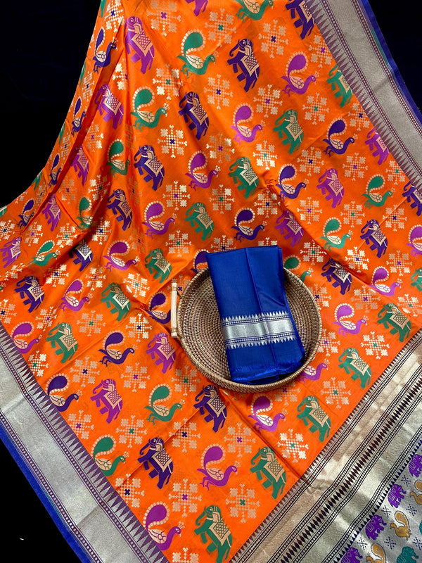 Orange and Blue Color Traditional Banarasi Handloom Soft Silk Saree - Elephant and Peacock Motifs with Meenakari - Temple Border - Kaash