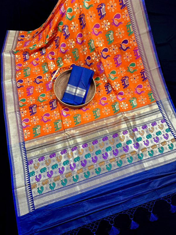 Orange and Blue Color Traditional Banarasi Handloom Soft Silk Saree - Elephant and Peacock Motifs with Meenakari - Temple Border - Kaash