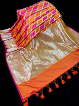 Orange and Pink Mashru Silk Saree, Muted Gold Zari Weave - Kaash