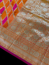Orange and Pink Mashru Silk Saree, Muted Gold Zari Weave - Kaash