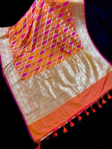 Orange and Pink Mashru Silk Saree, Muted Gold Zari Weave - Kaash