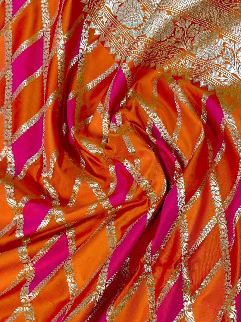 Orange and Pink Mashru Silk Saree, Muted Gold Zari Weave - Kaash