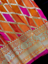 Orange and Pink Mashru Silk Saree, Muted Gold Zari Weave - Kaash