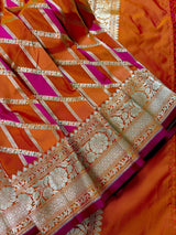 Orange and Pink Mashru Silk Saree, Muted Gold Zari Weave - Kaash