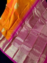 Orange and Pink pure kanjivaram kanchipuram silk saree with gold zari with peacock motifs — Kaash Collection