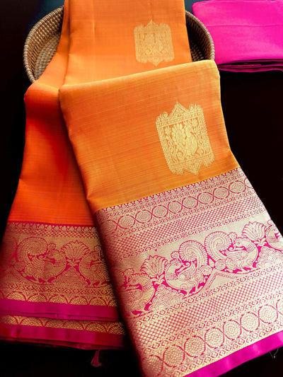 Orange and Pink pure kanjivaram kanchipuram silk saree with gold zari with peacock motifs — Kaash Collection
