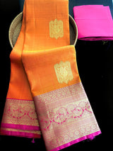 Orange and Pink pure kanjivaram kanchipuram silk saree with gold zari with peacock motifs — Kaash Collection