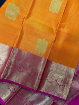 Orange and Pink pure kanjivaram kanchipuram silk saree with gold zari with peacock motifs — Kaash Collection
