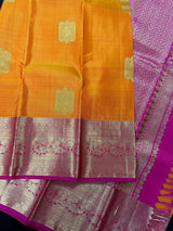 Orange and Pink pure kanjivaram kanchipuram silk saree with gold zari with peacock motifs — Kaash Collection