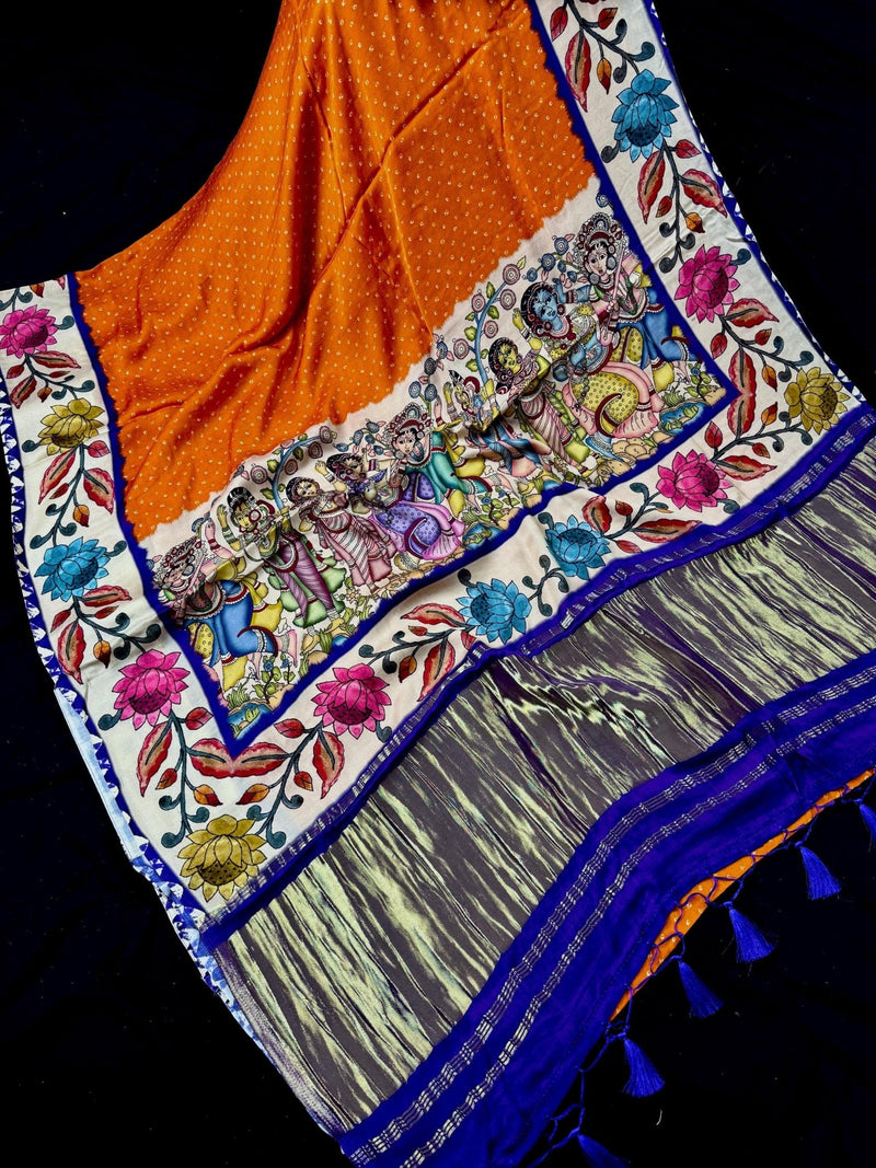 Orange & Purple Gajji Silk saree in pure gajji silk with bandhani tie-dye with floral prints & tissue pallu — Kaash Collection