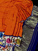 Orange & Purple Gajji Silk saree in pure gajji silk with bandhani tie-dye with floral prints & tissue pallu — Kaash Collection
