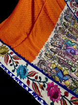 Orange & Purple Gajji Silk saree in pure gajji silk with bandhani tie-dye with floral prints & tissue pallu — Kaash Collection