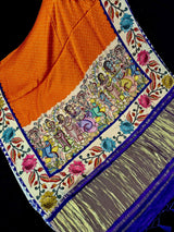 Orange & Purple Gajji Silk saree in pure gajji silk with bandhani tie-dye with floral prints & tissue pallu — Kaash Collection
