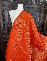 Orange Banarasi Silk Designer Dupatta with Jaal | Light Weight Dupatta | Stole | Scarf | Benarasi Dupatta | Gift For Her | Kaash Collection - Kaash