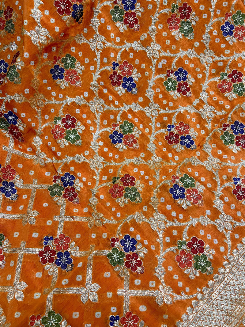 Orange Color Banarasi Dupion Silk Saree | Orange Color Bandhej Saree | Minakari Work | Muted Zari Weave | Authentic Bandhani Saree - Kaash