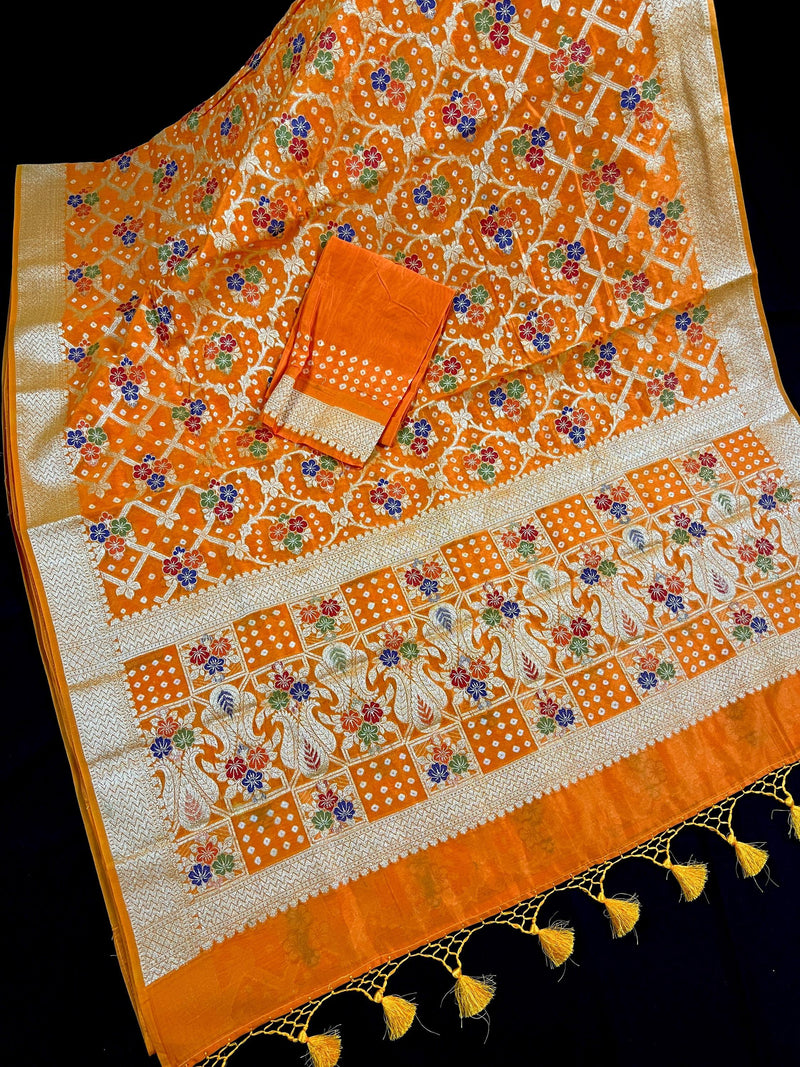 Orange Color Banarasi Dupion Silk Saree | Orange Color Bandhej Saree | Minakari Work | Muted Zari Weave | Authentic Bandhani Saree - Kaash