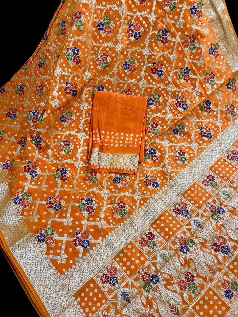 Orange Color Banarasi Dupion Silk Saree | Orange Color Bandhej Saree | Minakari Work | Muted Zari Weave | Authentic Bandhani Saree - Kaash