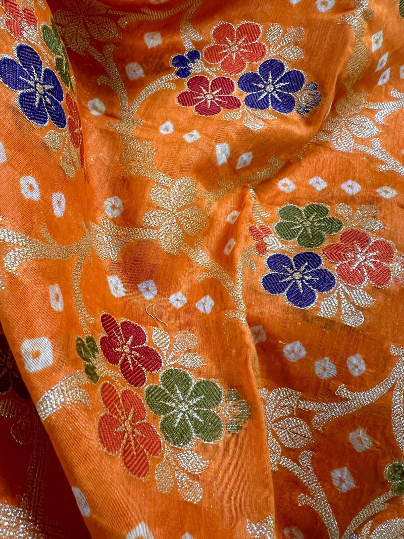Orange Color Banarasi Dupion Silk Saree | Orange Color Bandhej Saree | Minakari Work | Muted Zari Weave | Authentic Bandhani Saree - Kaash