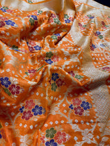 Orange Color Banarasi Dupion Silk Saree | Orange Color Bandhej Saree | Minakari Work | Muted Zari Weave | Authentic Bandhani Saree - Kaash