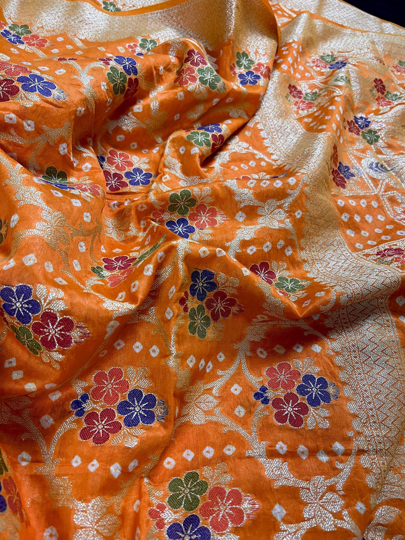 Orange Color Banarasi Dupion Silk Saree | Orange Color Bandhej Saree | Minakari Work | Muted Zari Weave | Authentic Bandhani Saree - Kaash