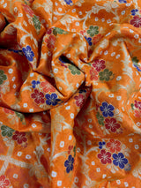 Orange Color Banarasi Dupion Silk Saree | Orange Color Bandhej Saree | Minakari Work | Muted Zari Weave | Authentic Bandhani Saree - Kaash