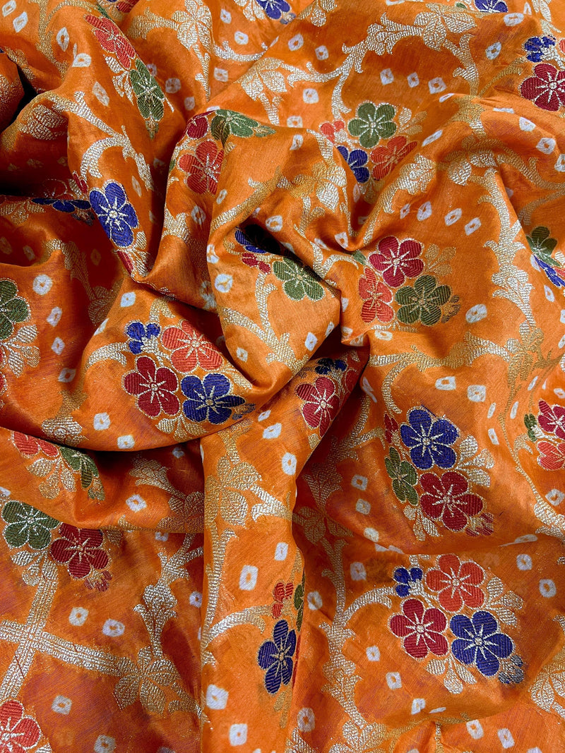 Orange Color Banarasi Dupion Silk Saree | Orange Color Bandhej Saree | Minakari Work | Muted Zari Weave | Authentic Bandhani Saree - Kaash