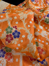 Orange Color Banarasi Dupion Silk Saree | Orange Color Bandhej Saree | Minakari Work | Muted Zari Weave | Authentic Bandhani Saree - Kaash