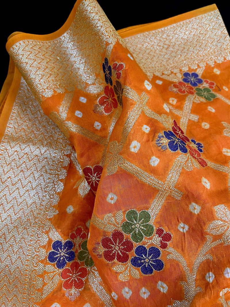 Orange Color Banarasi Dupion Silk Saree | Orange Color Bandhej Saree | Minakari Work | Muted Zari Weave | Authentic Bandhani Saree - Kaash