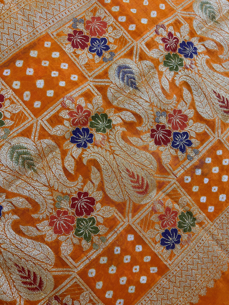 Orange Color Banarasi Dupion Silk Saree | Orange Color Bandhej Saree | Minakari Work | Muted Zari Weave | Authentic Bandhani Saree - Kaash