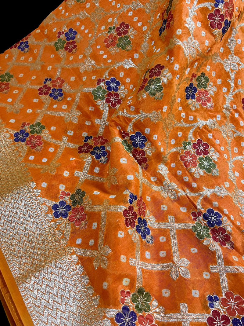 Orange Color Banarasi Dupion Silk Saree | Orange Color Bandhej Saree | Minakari Work | Muted Zari Weave | Authentic Bandhani Saree - Kaash