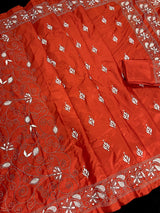 Orange with White Kantha hand Kantha stitch saree on Bangalori silk — Kaash Collection