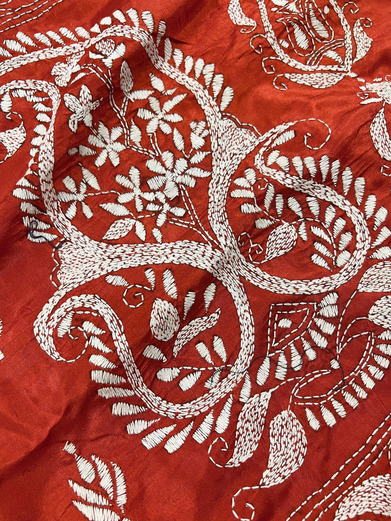 Orange with White Kantha hand Kantha stitch saree on Bangalori silk — Kaash Collection