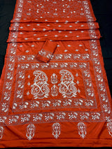 Orange Color Bangalori Silk Saree with Hand Kantha Stitch | Handwoven Kantha Stitch Sarees | Kantha Saress | Bengal Sarees - Kaash