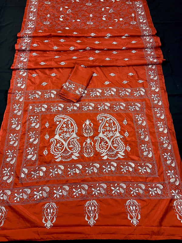 Orange Color Bangalori Silk Saree with Hand Kantha Stitch | Handwoven Kantha Stitch Sarees | Kantha Saress | Bengal Sarees - Kaash