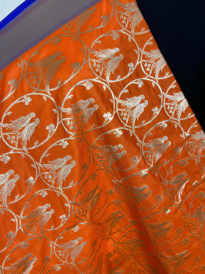 Orange Color Dupatta with Pair of Parrots - Benarasi Silk Dupatta - Kaash