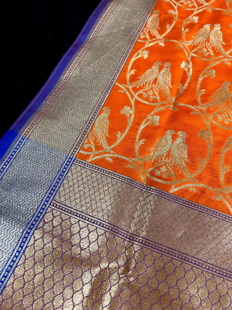 Orange Color Dupatta with Pair of Parrots - Benarasi Silk Dupatta - Kaash