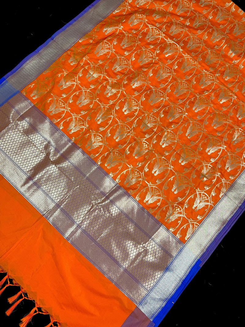 Orange Color Dupatta with Pair of Parrots - Benarasi Silk Dupatta - Kaash