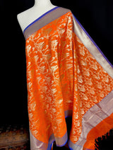 Orange Color Dupatta with Pair of Parrots - Benarasi Silk Dupatta - Kaash