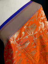 Orange Color Dupatta with Pair of Parrots - Benarasi Silk Dupatta - Kaash